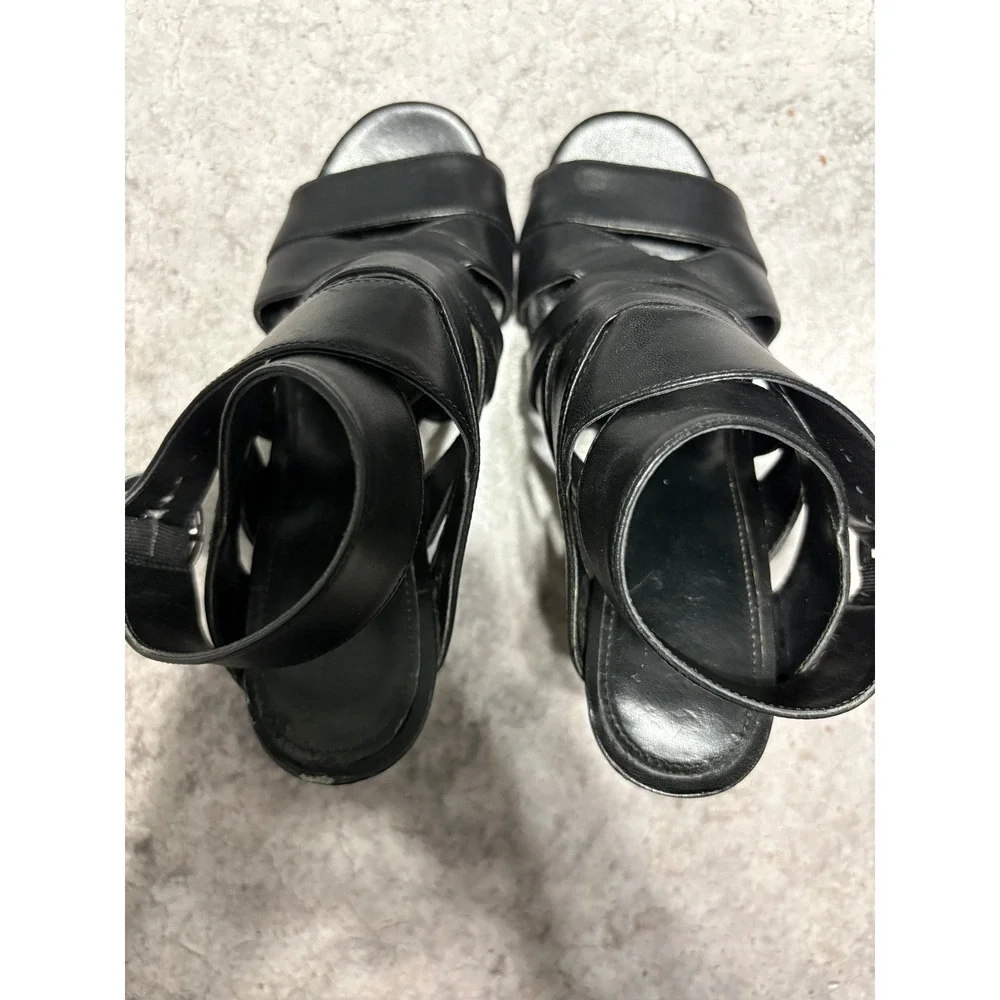 Michael Kors Womens Black Leather Strappy Block Heel Sandals Caged Ankle 6M